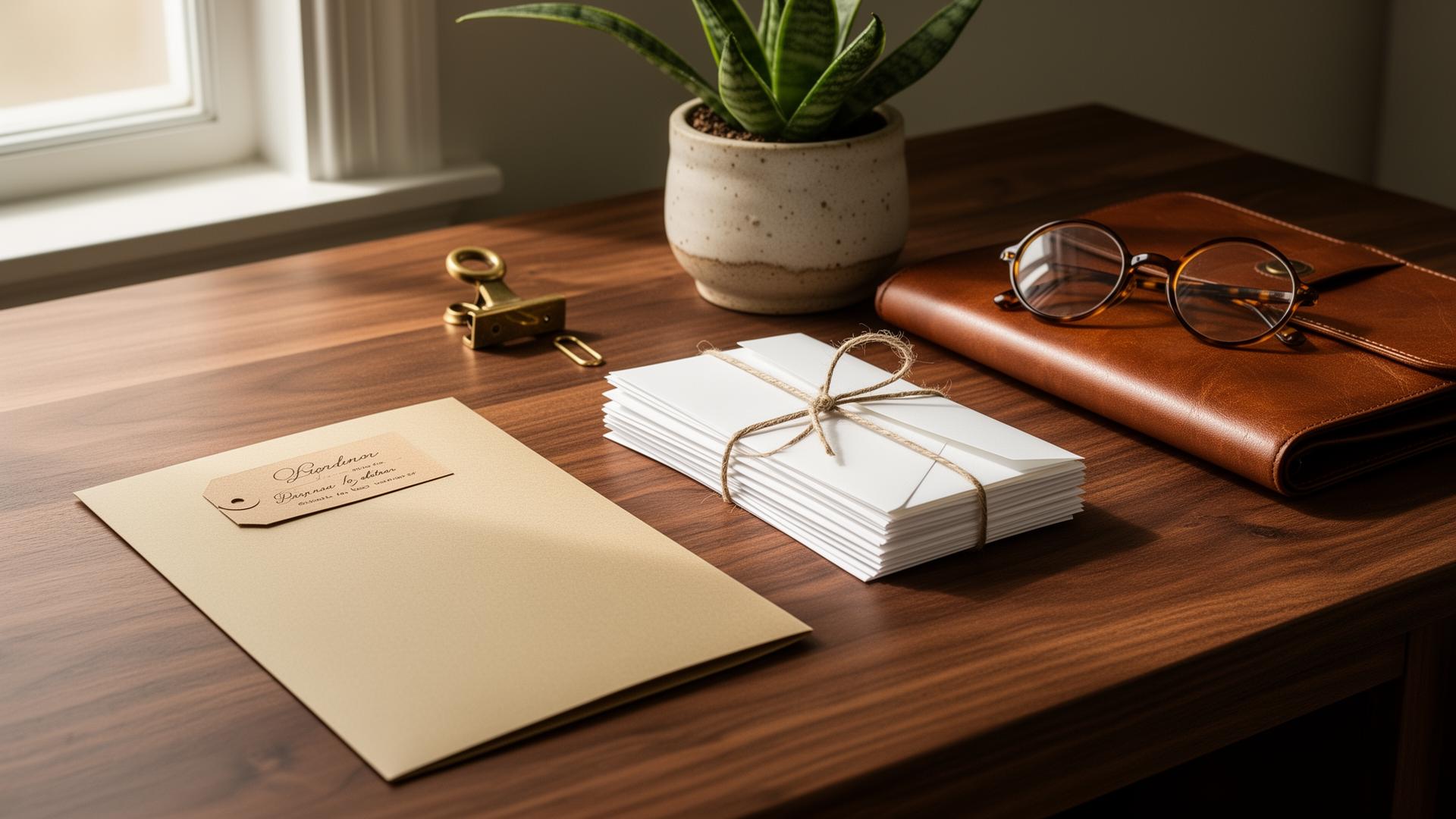 A walnut desk with a closed leather portfolio, a stack of envelopes tied with twine, a brass paper clip, reading glasses, and a small potted plant in morning light.