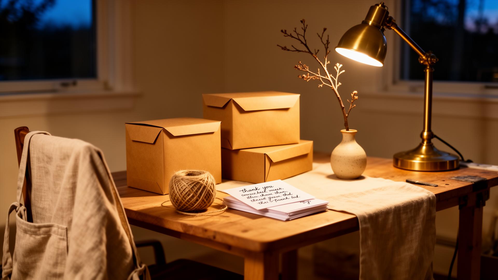 A warmly lit home studio at dusk with kraft mailer boxes, a roll of twine, a stack of handwritten thank-you cards, and a brass desk lamp.