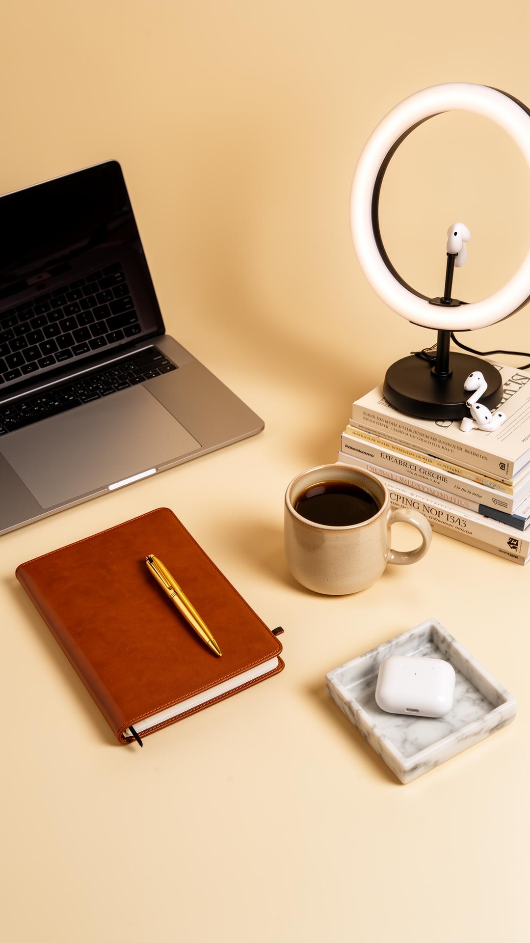 Curated entrepreneur and creator essentials — laptop, leather planner, gold pen, ring light and books on a warm cream desk