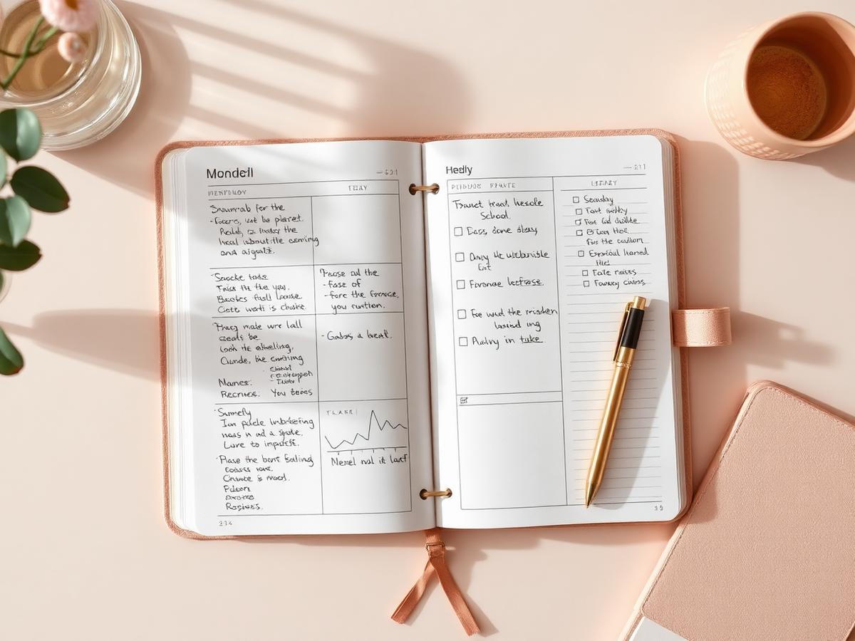 Planner opened to a weekly schedule with handwritten notes, a small chart and a checklist