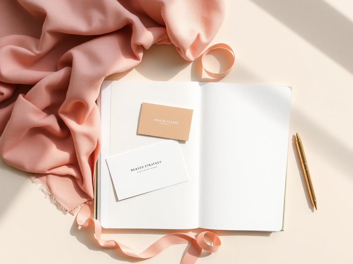 Brand strategy mood board with blush fabric, stationery cards, ribbon and a brass pen