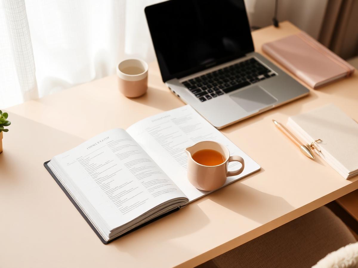 Business planner open on a warm ivory desk with a laptop, mug and notebooks