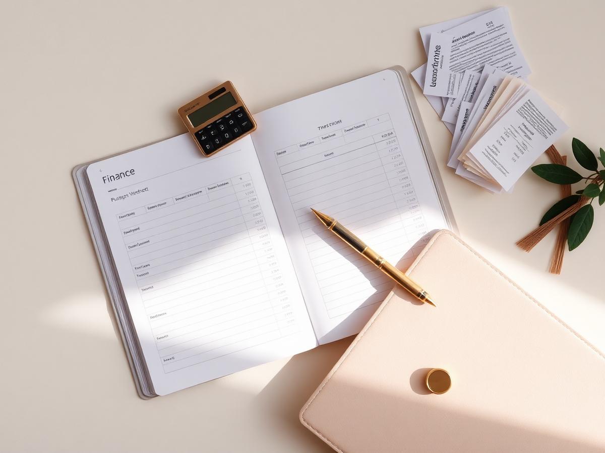 Finance planner opened to a budget worksheet with a calculator, brass pen and organized receipts