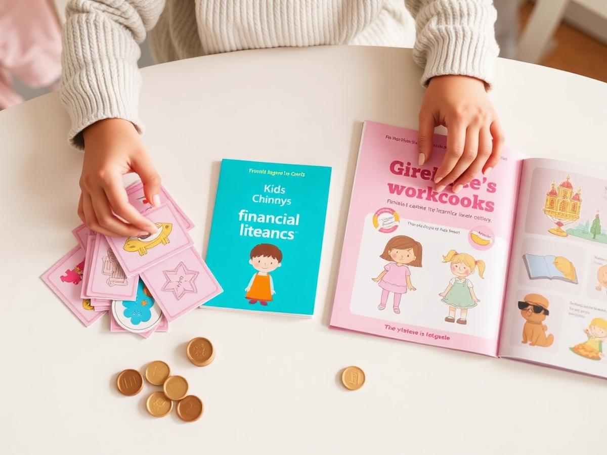 Child's hands arranging flash cards and a kids financial literacy workbook on a bright ivory table