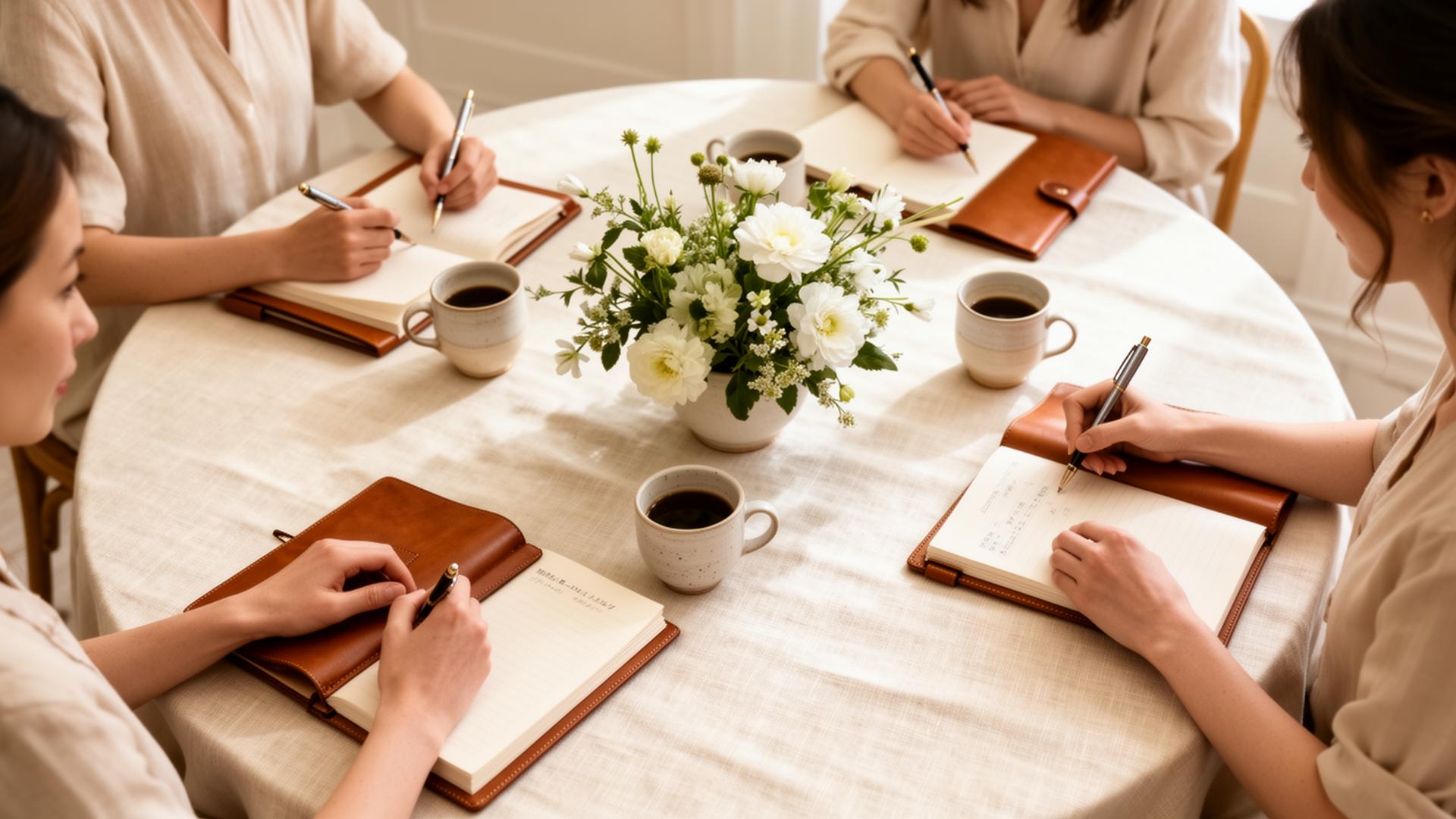 Founding members gathered around a linen table, journaling together