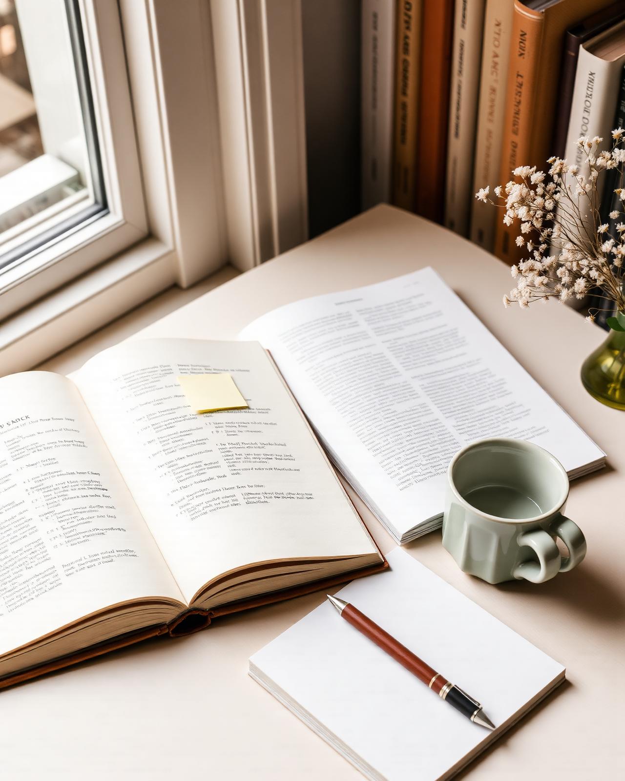 The Founder Library — open books, planners and tools on a sunlit desk